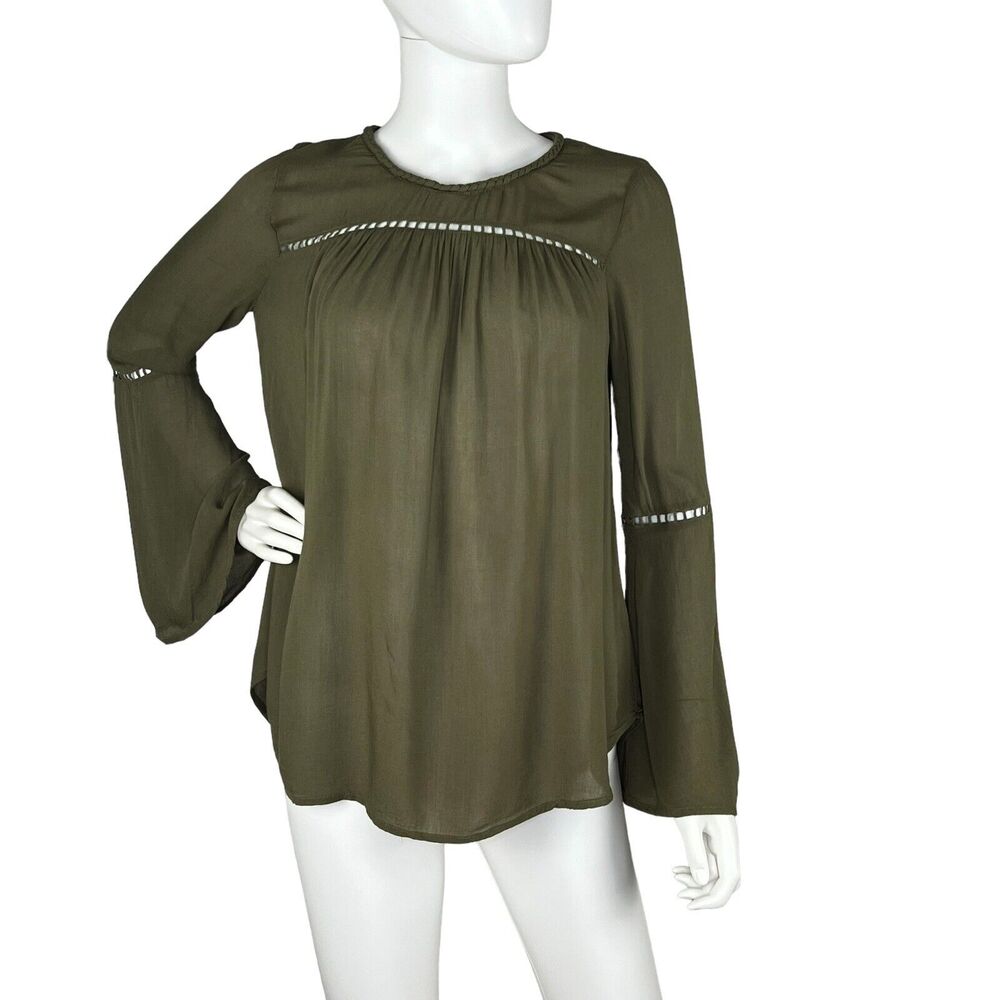 Ro & De Women Olive Green Long Bell Sleeve Blouse S